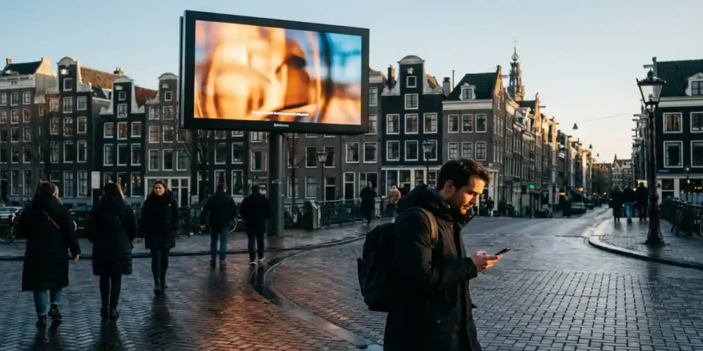 Groot digitaal reclamebord boven een regennat Amsterdams grachtstraatje, voetganger met smartphone, historische trapgevels weerspiegeld in natte kinderkopjes.