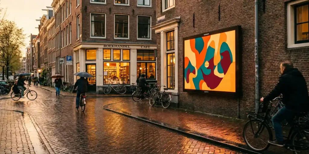Verlicht digitaal reclamescherm op bakstenen kanaalmuur in Amsterdam bij gouden uur, natte kinderkopjes reflecteren warm barnsteenlicht.