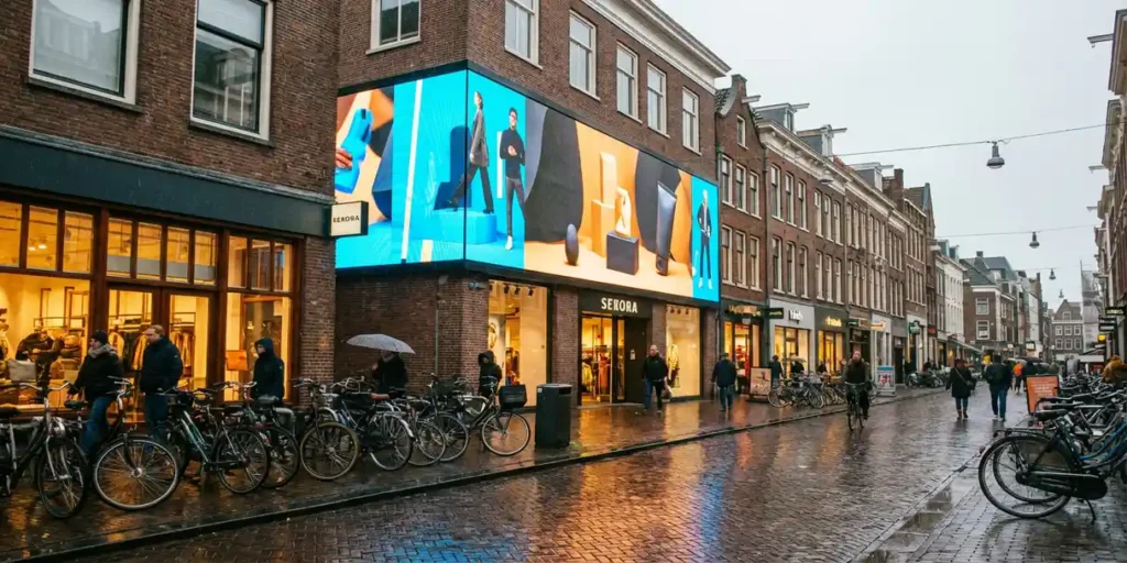 Groot digitaal reclamescherm met retailpromoties op een drukke Nederlandse winkelstraat, natte kinderkopjes en fietsen op de achtergrond.