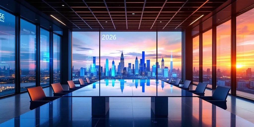 Moderne Nederlandse kantoorruimte met holografische digitale advertising elementen boven glazen vergadertafel, Amsterdam skyline