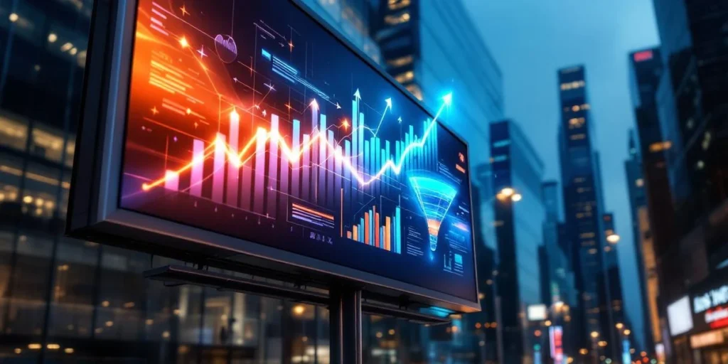 Digitaal reclamebord toont data-visualisaties en conversie-statistieken tussen glazen kantoorgebouwen in stedelijke omgeving