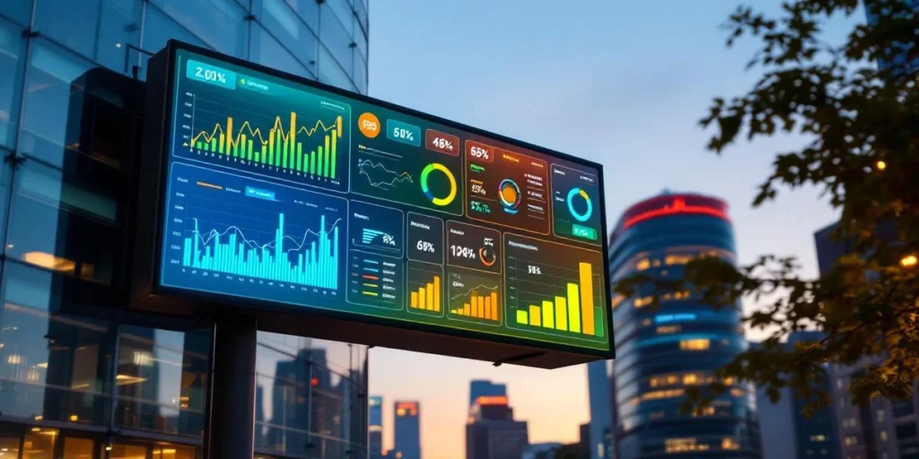Digitaal reclamebord op glazen gebouw toont kleurrijke data-analyses en prestatiegrafieken in avondlicht