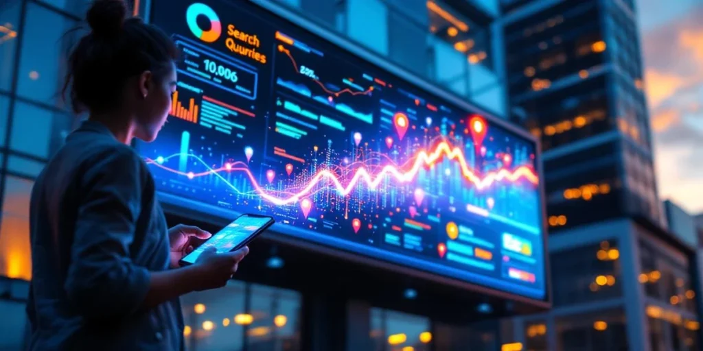 Digitaal billboard op gebouw toont data-visualisaties terwijl zoekgegevens vanaf smartphone naar scherm stromen