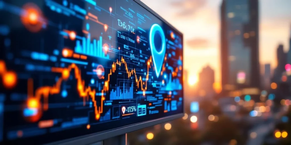 Digitaal reclamebord toont data-analyses met blauwe en oranje datastromen en holografische locatiepunten in stedelijke omgeving