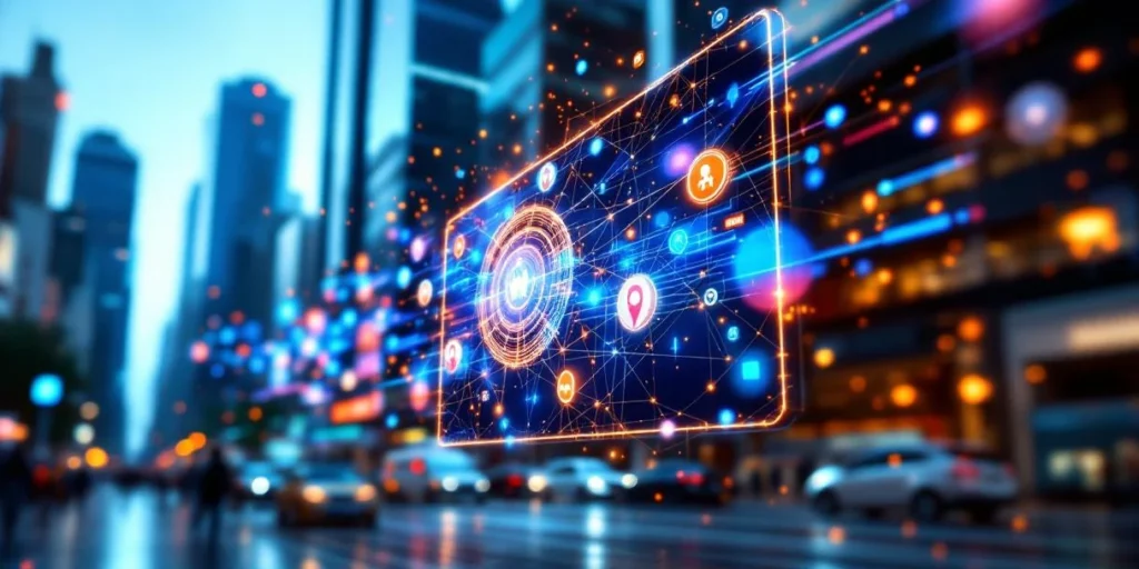 Moderne digitale billboard met kleurrijke datastromen en doelgroep-iconen in stedelijke omgeving voor DOOH-advertising