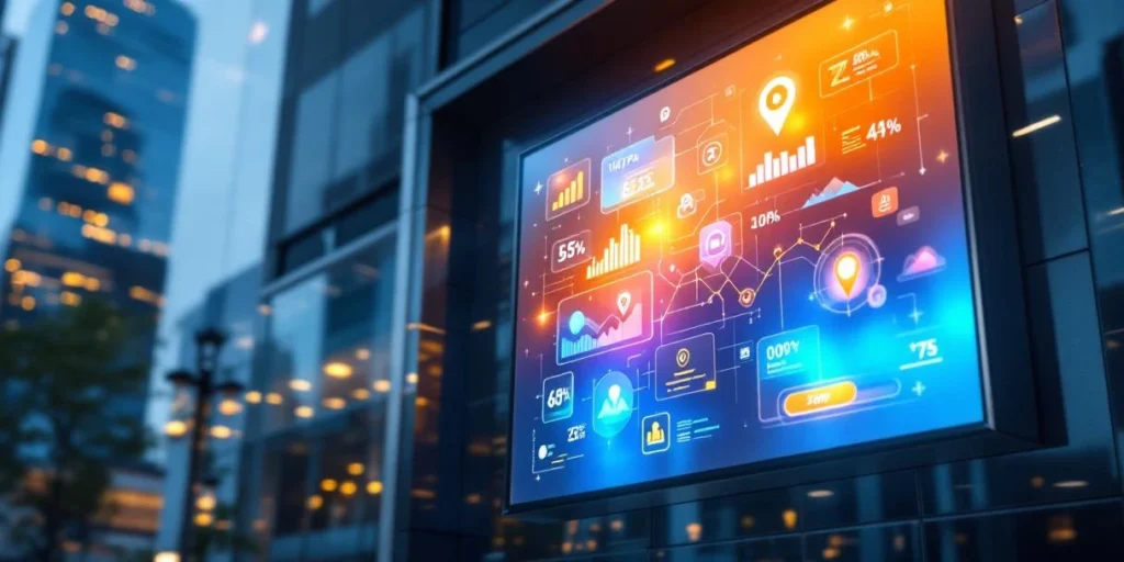 Digitaal reclamebord op glazen gebouw toont interactieve data-visualisaties en programmatische advertentie-inhoud