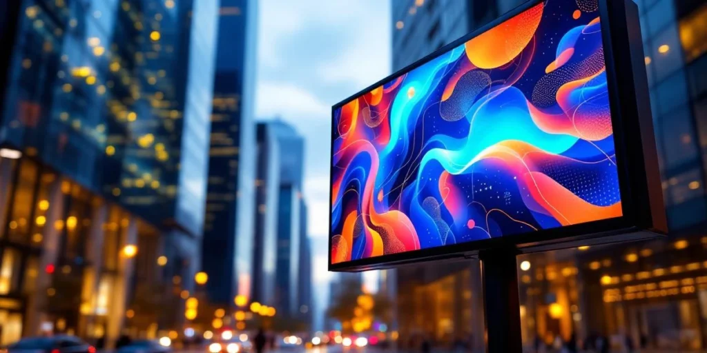 Digitaal LED-billboard met kleurrijke reclame-inhoud in moderne stedelijke omgeving bij schemering