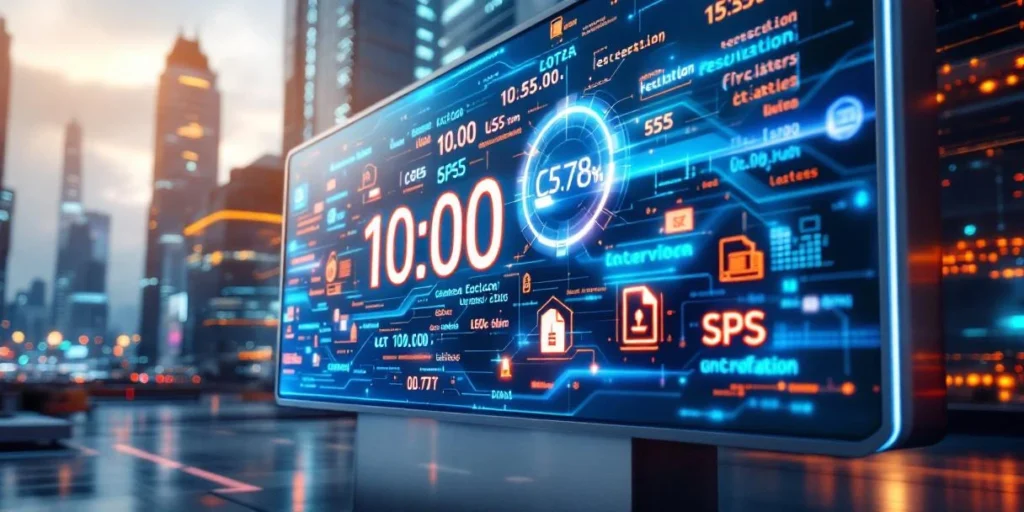 Digitaal billboard toont technische specificaties en datastromen in blauw-oranje gradiënten tegen futuristische stad