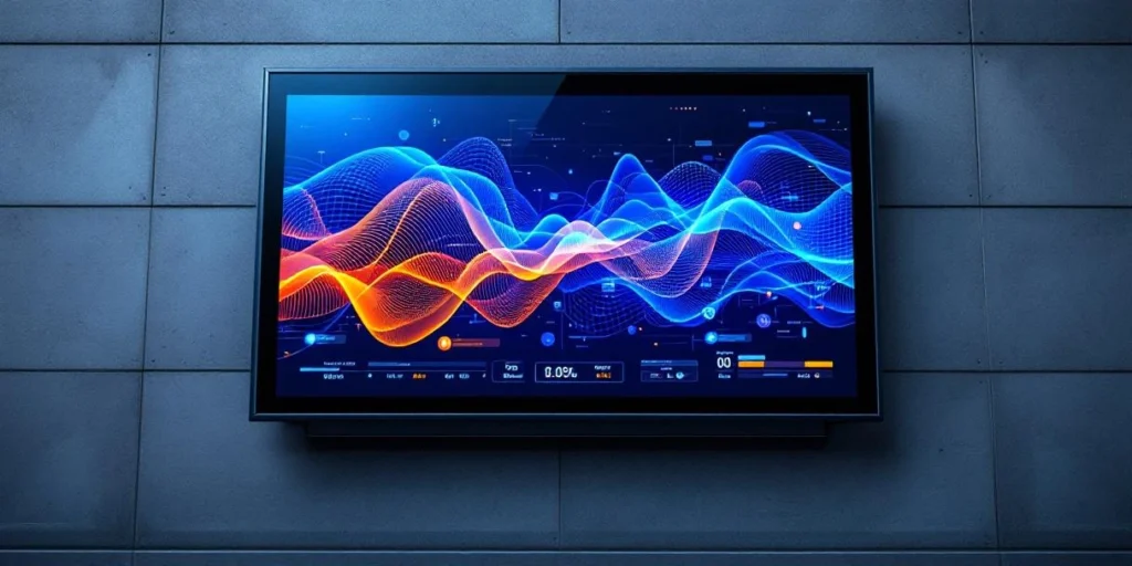 Digitaal reclamebord toont frequentiegolven en datavisualisatie in blauw-oranje gradiënten op moderne stadsmuur