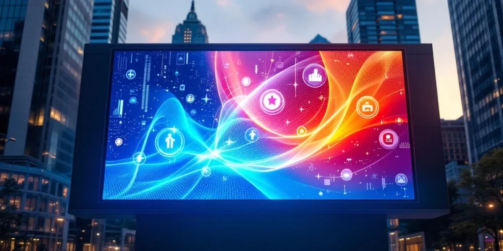 Digitaal reclamebord met holografische elementen en interactieve lichtsporen in moderne stadsomgeving bij avondlicht