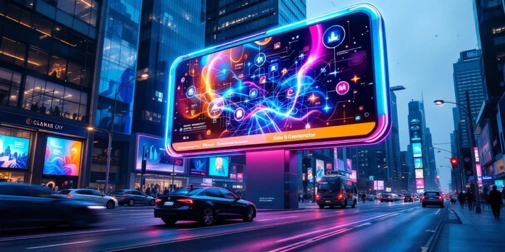 Moderne digitale billboards met holografische content en interactieve DOOH-schermen in stedelijke omgeving