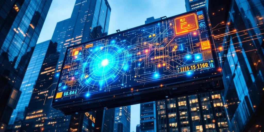 Futuristisch digitaal reclamebord met holografische advertenties en blauworanje datastromen in moderne stadsomgeving