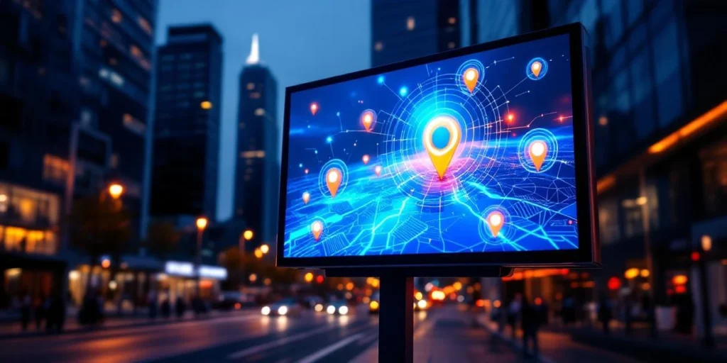 Digitaal reclamebord op straathoek toont data-visualisatie met kaart, doelcirkels en verbindingslijnen in blauw-oranje