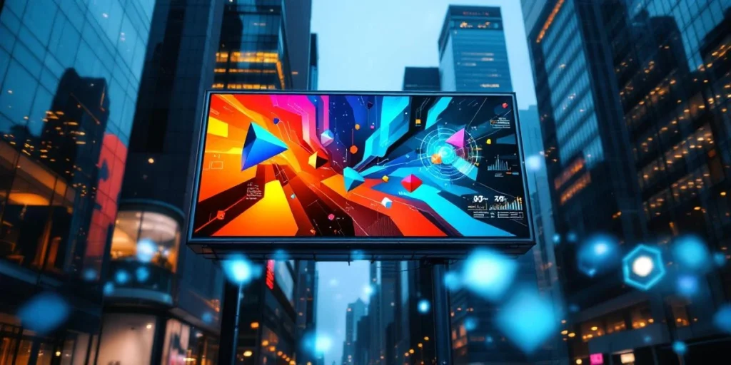 Digitaal reclamebord met kleurrijke geometrische patronen en bewegende graphics tussen moderne glazen gebouwen in stad