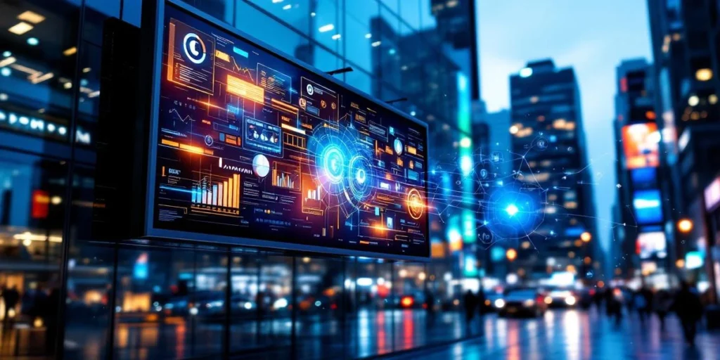 Digitaal billboard op glazen gebouw toont kleurrijke advertenties met holografische data-elementen in stedelijke omgeving