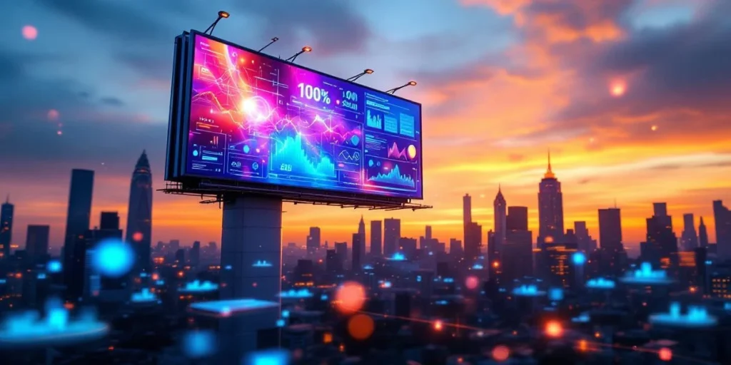 Digitaal billboard met dynamische advertenties tegen stadsskyline bij schemering, met holografisch controledashboard