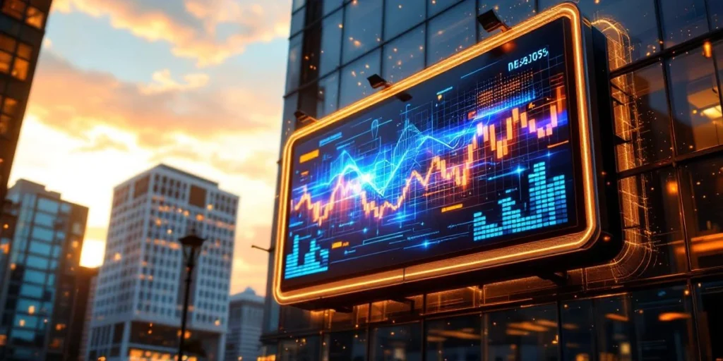 Futuristisch digitaal reclamebord op glazen gebouw met blauwe en oranje datastromen en real-time analytics visualisaties