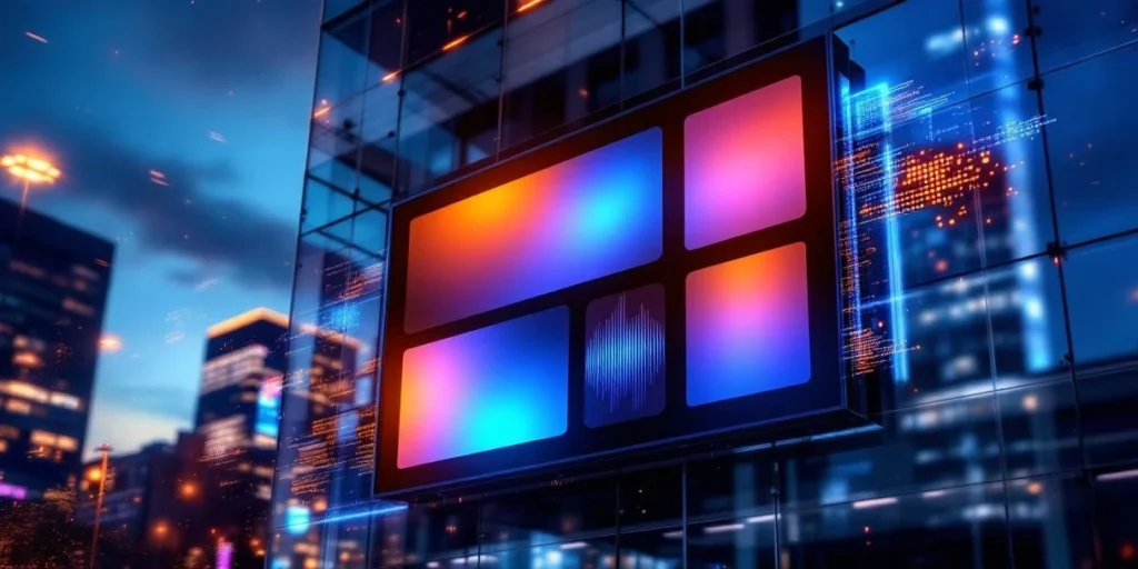Modern digitaal reclamebord op glazen gebouw toont kleurrijke advertentieformaten met blauwe en oranje gradiënten
