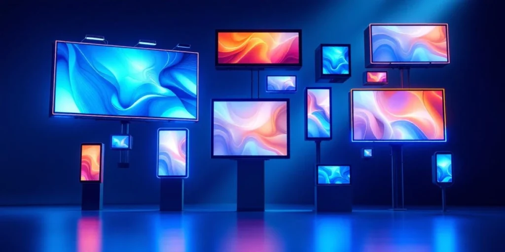 Diverse digitale out-of-home reclame schermen met LED billboards en interactieve kiosken in moderne compositie