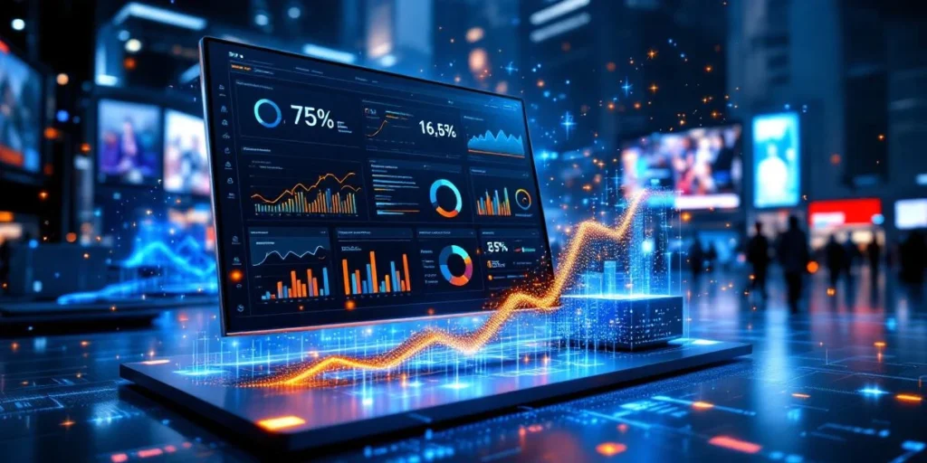Digitaal dashboard met kleurrijke datavisualisaties verbonden met verlichte DOOH-schermen via lichtgevende datastromen