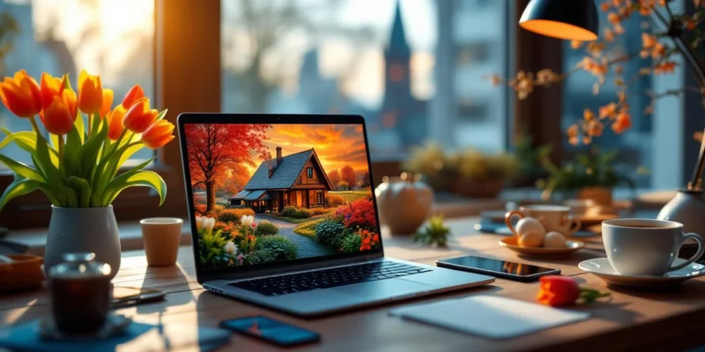 Moderne Nederlandse werkruimte met laptop die groeigrafieken toont, tulpen, koffie en devices met sociale media metrics