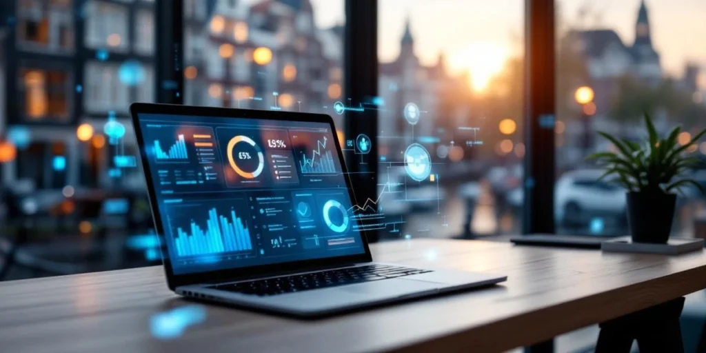 Laptop met digitale marketing dashboards en holografische data-visualisaties op modern bureau in Amsterdam kantoor