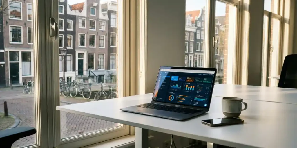 Laptop met kleurrijke digitale advertentiedashboards op wit bureau in Amsterdam kantoor met grachtenpanden zichtbaar