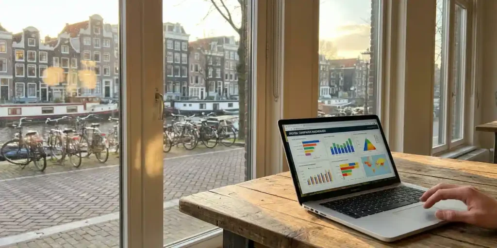 Laptop met kleurrijke digitale advertentiedashboard op houten bureau in Amsterdam kantoor met grachtenhuizen zichtbaar