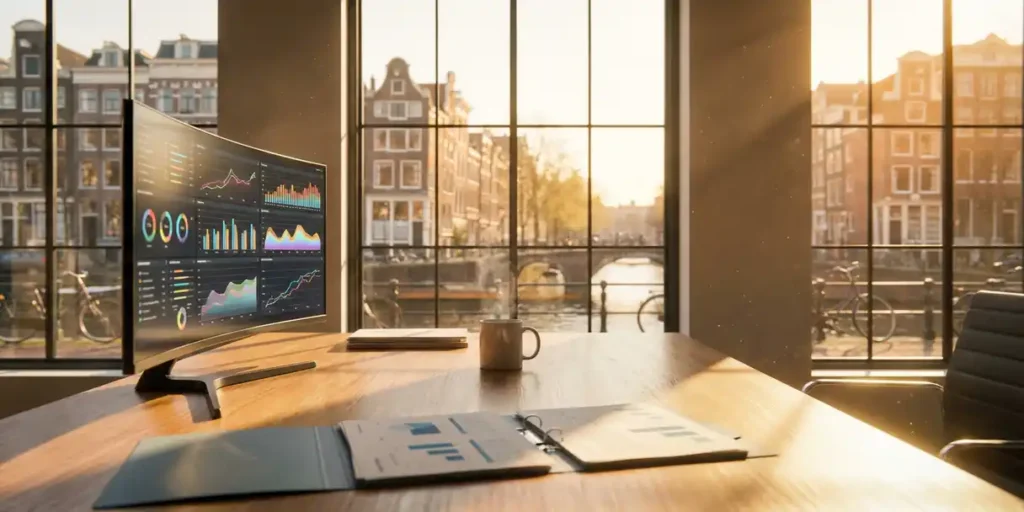 Modern kantoorbureau in Amsterdam met gebogen monitor vol kleurrijke digitale advertentiedashboards, grachtenzicht door hoge ramen, gouden zonlicht op gepolijst hout