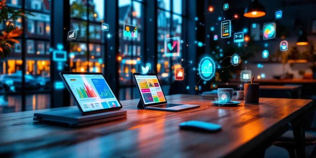 Digitale marketingdashboards op laptops en tablets in modern Amsterdams kantoor met grachtenhuizen op achtergrond