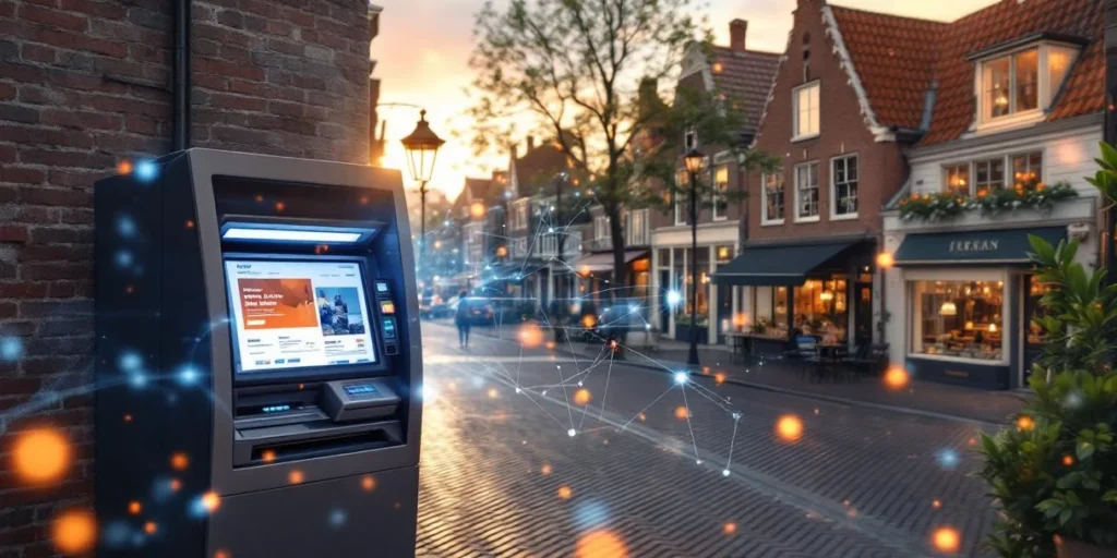 Moderne geldautomaat met digitale verbindingen naar lokale winkels op Nederlands dorpsplein met rode bakstenen gebouwen