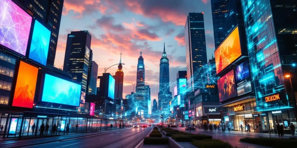 Moderne stadshorizon bij schemering met digitale reclameborden en LED-schermen in blauw en oranje tinten