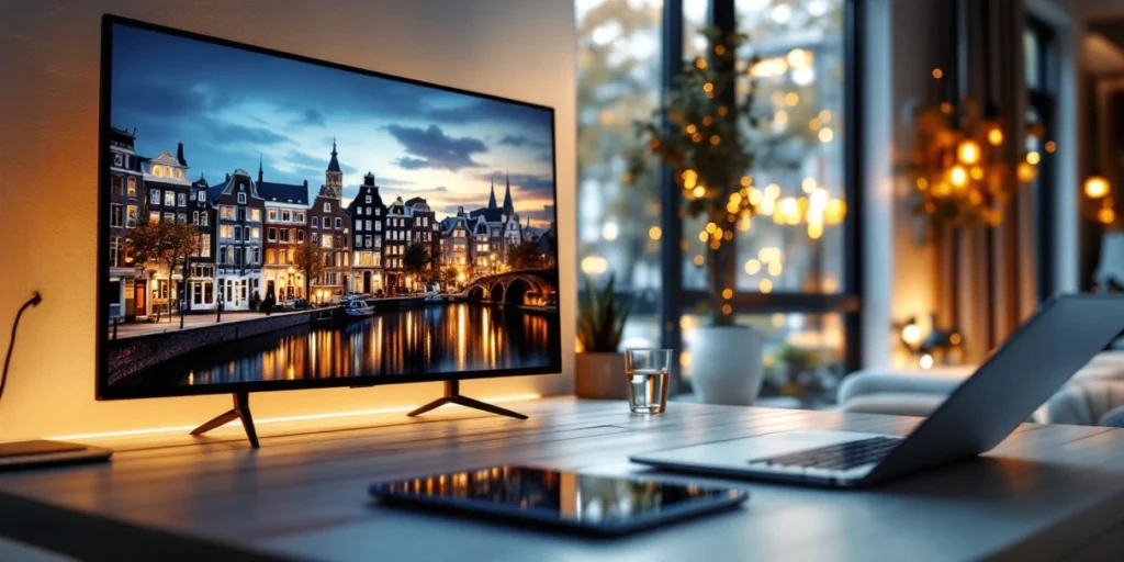 Moderne Nederlandse woonkamer met smart TV, laptop met advertising dashboards en tablets met digitale reclames