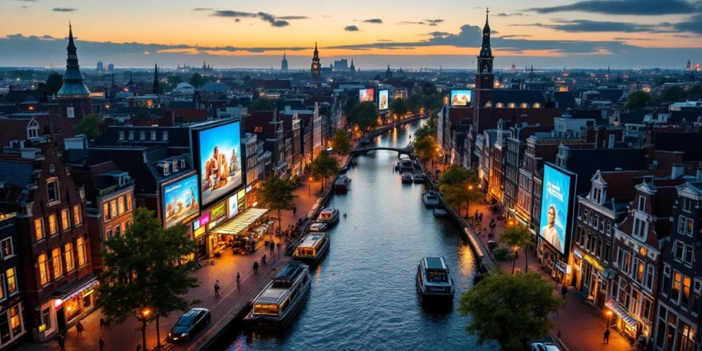 Luchtfoto Nederlandse stad met grachten, historische gebouwen en moderne digitale billboards bij avond