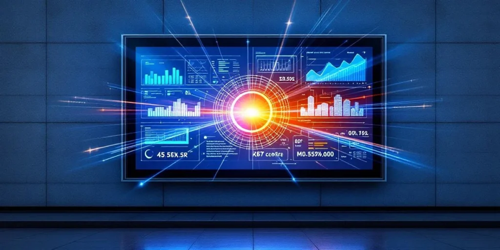 Digitaal billboard met blauwe en oranje data-analytics grafieken en sensor-overlays op stedelijke muur 's nachts