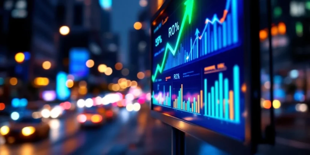 Digitaal billboard toont kleurrijke analytics grafieken met groene pijlen omhoog tegen stedelijke nachtachtergrond