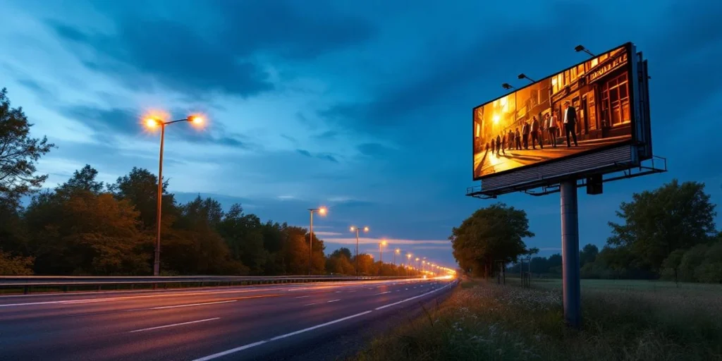 Moderne digitale billboards langs Nederlandse snelweg bij schemering tonen sequentiële advertenties met storytelling