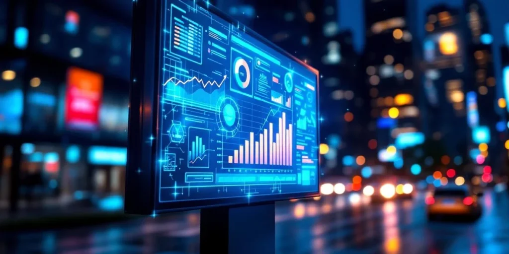 Moderne digitale billboard toont holografische data-analyses en conversie-statistieken in blauw licht tegen stedelijke achtergrond