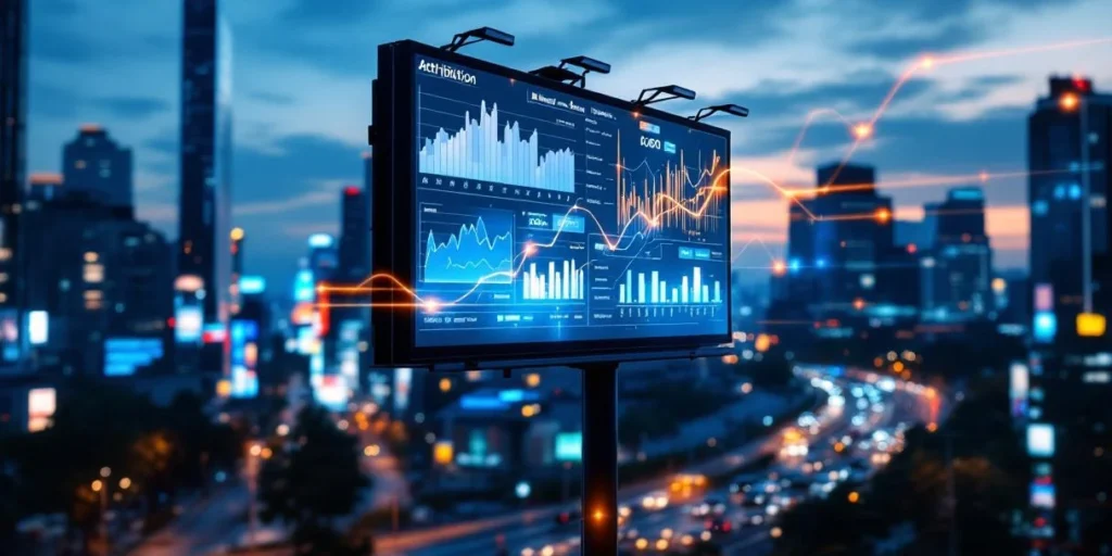 Digitale billboards met datavisualisaties en oranje-blauwe datastromen in stedelijk landschap bij schemering