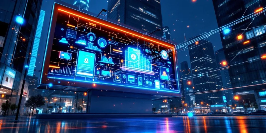 Futuristisch digitaal reclamebord met data-visualisaties en neonlichtstralen in stedelijke nachtscène