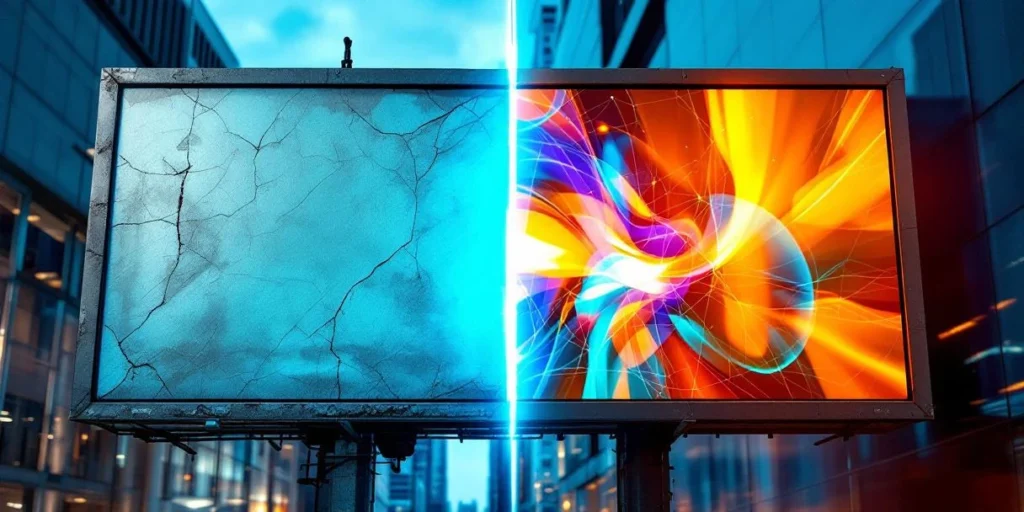 Verouderd statisch billboard naast helder digitaal DOOH-scherm in moderne stedelijke omgeving, contrast tussen oude en nieuwe reclame