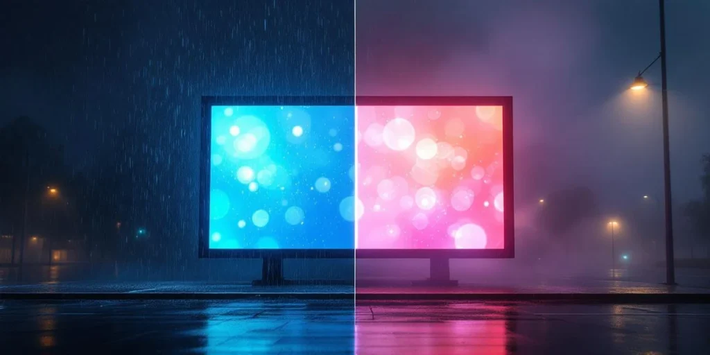 Digitaal reclamebord past helderheid aan in regen en mist, toont weerbestendige DOOH-technologie in stedelijke omgeving