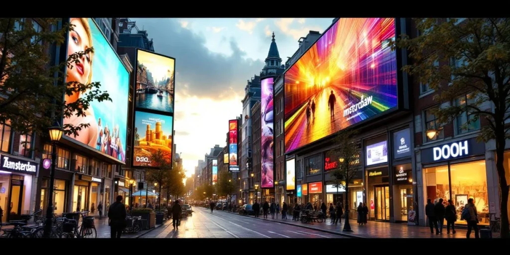 Grote digitale billboards en LED-schermen op moderne gebouwen langs drukke Amsterdamse straat met fietsers en voetgangers