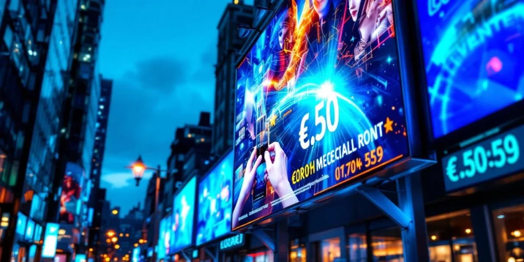 Grote digitale reclameborden met dynamische advertenties in Nederlandse stad, met euro-symbolen en kostindicatoren