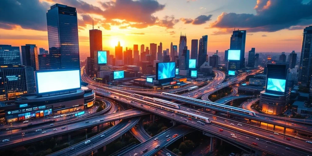 Luchtfoto van moderne stadskruising met digitale billboards en LED-schermen op wolkenkrabbers tijdens gouden uur