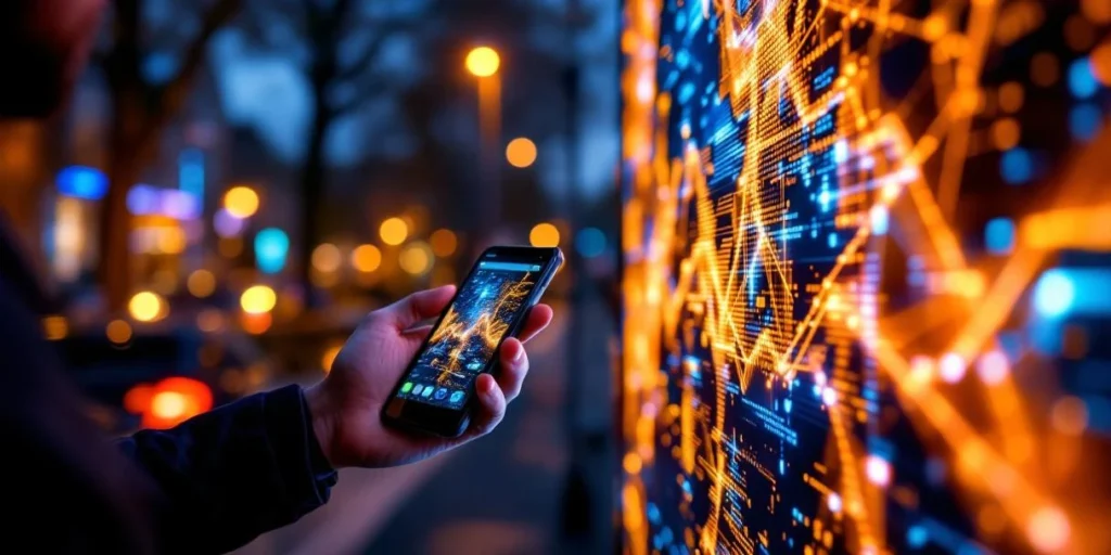 Hand met smartphone toont DOOH-dashboard bij kleurrijk LED reclamebord op Nederlandse straat met grachtenhuizen op achtergrond