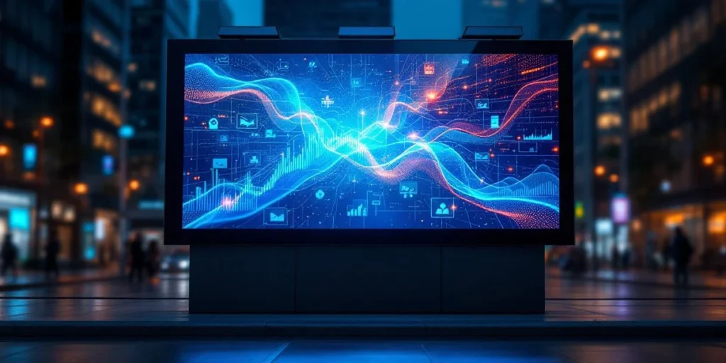 Digitaal billboard toont real-time data visualisaties en analytics met blauwe en oranje kleuren op moderne stadsstraat