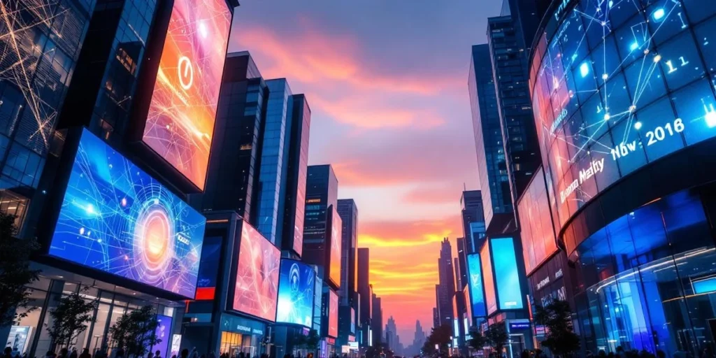 Moderne stadshorizon bij schemering met verlichte digitale billboards en LED-schermen in blauw en oranje tinten