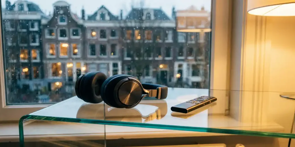 Draadloze koptelefoon op glazen bureau naast tv-afstandsbediening, Amsterdamse grachtenpanden zichtbaar door regenachtig raam op de achtergrond.