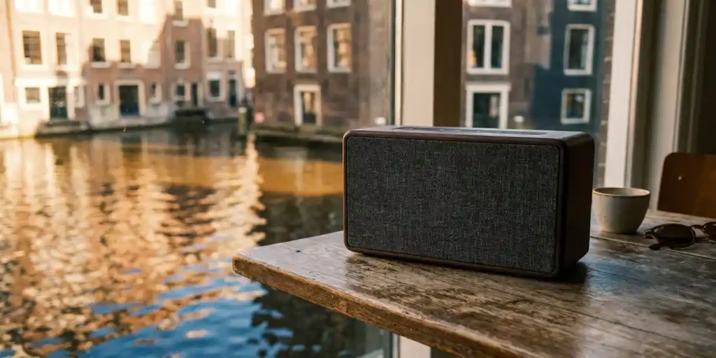 Draadloze speaker op houten cafétafel langs Amsterdamse gracht, warm middaglicht en wazige bakstenen gevels op de achtergrond.